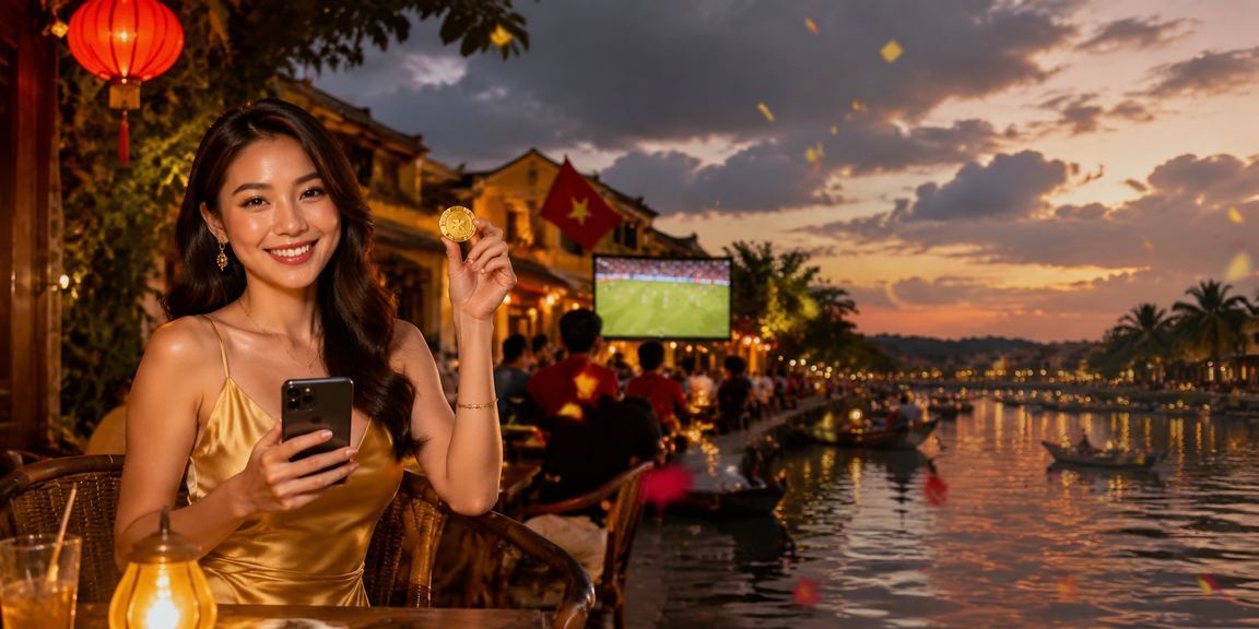 Người dùng tại Hội An dùng điện thoại xem khuyến mãi casino tại quán cà phê buổi sáng